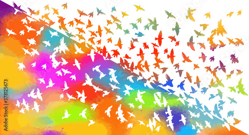 Bird watercolor. A flock of colorful birds. Mixed media. Vector illustration