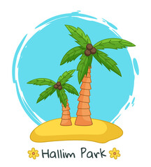 Wall Mural - Banner with image one of the main attraction of the south korean island Jeju and the inscription Hallim park. Palm trees with coconut on the beautiful tropical island against the sea summer postcard