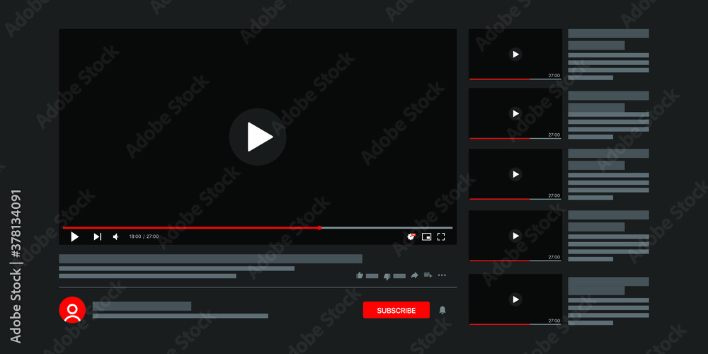 Template video player. Social media content. Desktop interface dark ...