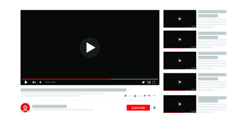 Template video player. Social media content. Desktop interface dark version, ui. Vector illustration. 