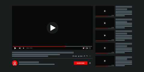 Template video player. Social media content. Desktop interface dark version, ui. Vector illustration. 