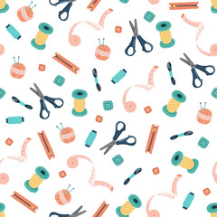 Seamless pattern with sewing tools, hand drawn icons. Fashion illustration with sketch objects set, profession clothier. Wrapping paper or fabric.