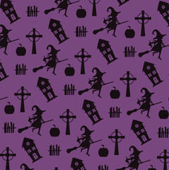 Canvas Print - happy halloween card with witches flying and haunted castles pattern