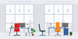 © Cherstva - Design of modern empty office working place front view vector illustration. Flat style table, desk, chair, computer, desktop, plant, lamp isolated on skyscraper background