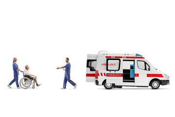 Wall Mural - Nurse pushing an elderly patient in a wheelchair towards an ambulance and a male doctor greeting them