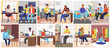 © robu_s - Podcasters scenes set. Young man and woman shoot a video for a podcast on a mobile phone at home. Illustration people create video files in the style of radio and television broadcasts on the Internet