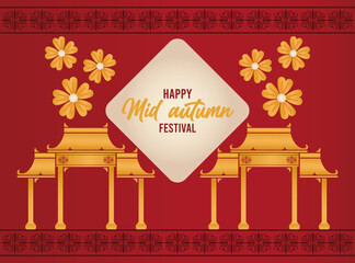 Poster - happy mid autumn lettering card with archs chineses and flowers