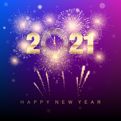 Wall Mural - happy new year 2021. new years banner with golden numbers and firework. greeting card text design. v