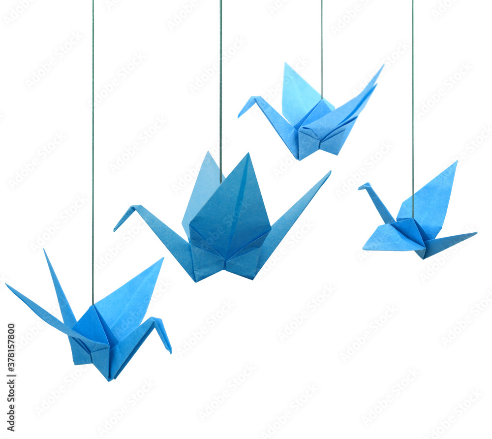 Blue origami paper cranes haning isolated white - obrazy, fototapety, plakaty 