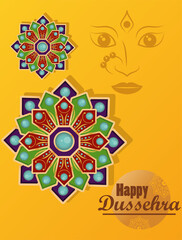 Sticker - happy dussehra celebration card with goddess face and mandalas in yellow background