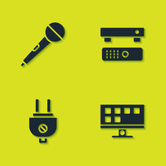 Sticker - Set Microphone, Smart Tv, Electric plug and Multimedia and TV box icon. Vector.