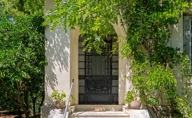 classic design house facade with marble stairs, iron and glass entrance door, plenty of foliage