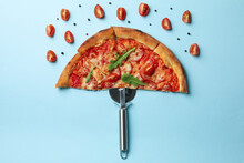 Umbrella Made Of Pizza On Blue Background