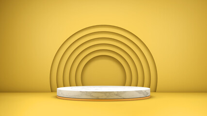 Wall Mural - 3D rendering of a marble textured podium on a yellow background for product presentation
