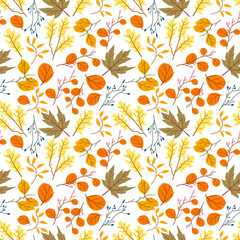 Wall Mural - Seamless pattern with oak autumn leaves and acorns. Perfect for wallpapers, wrapping papers, pattern fills, textile, autumn greeting cards, Thanksgiving Day cards