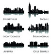 Set of 6 city silhouette in Alabama ( Huntsville, Gulf Shores, Montgomery, Birmingham, Auburn, Mobile )