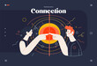 © grivina - Business topics - connections, web template, header. Flat style modern outlined vector concept illustration. A young man and woman touching fingers, waves from the point. Business metaphor.