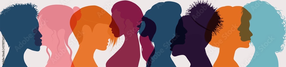 Female diversity. Group multiethnic and multiracial women and girls who communicate and share information on social network and community. Head face silhouette profile. Friendship. Speak - obrazy, fototapety, plakaty 