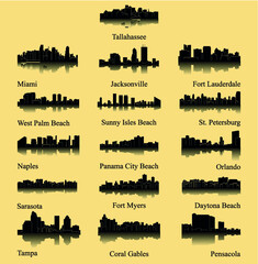 Wall Mural - Set of 16 City Silhouette in Florida ( Tallahassee, Miami, Naples, St Petersburg, West Palm Beach, Daytona Beach, Fort Lauderdale, Orlando, Jacksonville, Fort Myers, Tampa, Sarasota, Pensacola )