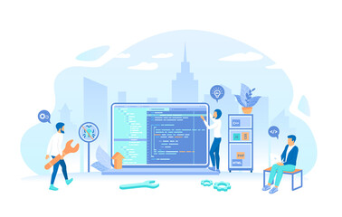 Software Development. Developers, programmers, software engineers team develop computer mobile application, working with program code. Teamwork communication. Vector illustration flat style.