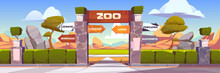 Zoo Gates With Pointers To Wild Animals Cages Monkeys, Zebras, Giraffes, Lions, Penguins And Elephants. Outdoor Park Entrance With Green Bushes Fencing And Stone Pillars. Cartoon Vector Illustration