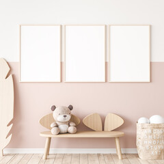 Wall Mural - Three vertical frames in children room mock up, kids room design in farmhouse style, 3d render