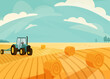 Wheat field landscape vector illustration after haymaking with tractor. Nature farm scenery with golden yellow haystack rolls. Bright summer countryside view