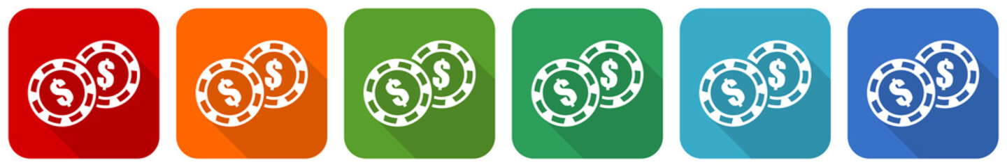 Leinwandbilder - Casino chips icon set, flat design vector illustration in 6 colors options for webdesign and mobile applications