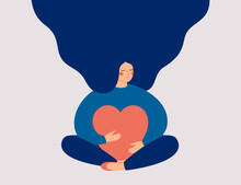 Young Woman Embraces A Big Red Heart With Mindfulness And Love. Smiling Female Character Sits In Lotos Pose With Closed Eyes And Enjoys Her Freedom And Life. Body Positive And Mental Health Concept.
