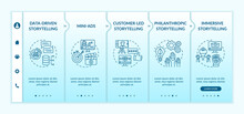 Storytelling In Digital Marketing Campaign Onboarding Vector Template. Mini-ads, Philanthropic Storytelling. Responsive Mobile Website With Icons. Webpage Walkthrough Step Screens. RGB Color Concept