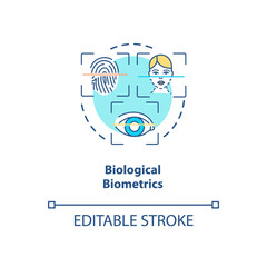 Poster - Biological biometrics concept icon. Person finger print. Eye scanning system. Face recognition ideas idea thin line illustration. Vector isolated outline RGB color drawing. Editable stroke