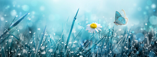 Wall Mural - wild chamomile flower and flying butterfly in the meadow.