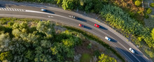 Traffic On A Spanish Road With Cars Driving Seen From Above Aerial View