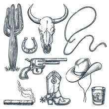 Wild West Vintage Symbols. Vector Hand Drawn Sketch Illustration. Cowboy Hat. Boots, Cow Skull. Gun Icons