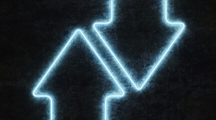 Wall Mural - two neon arrow shaped line on black concrete background