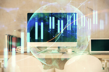 Multi exposure of stock market chart drawing and office interior background. Concept of financial analysis.