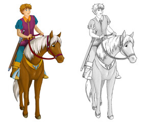 Wall Mural - cartoon sketch scene with prince riding on horse illustration