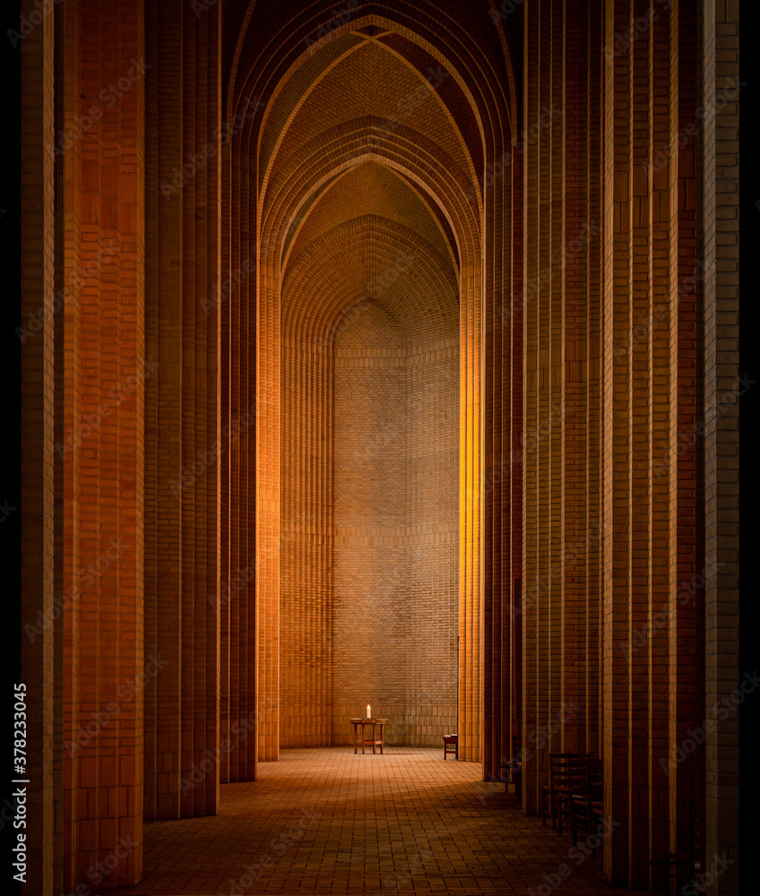 Copenhagen, Denmark: minimal interior of Grundtvigs church - obrazy, fototapety, plakaty 