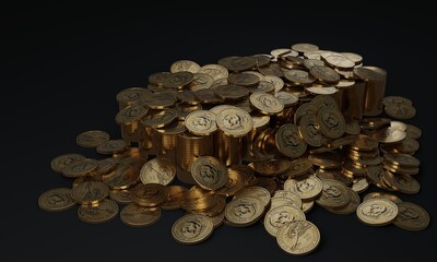 Piles of shiny gold coins with dollar sign. 3D illustration.