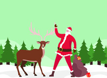 Christmas Vector Concept: Santa Claus And Reindeer Standing On The Snow With Many Presents 