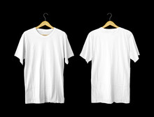 Short-sleeved White T-shirts For Mockups. Plain T-shirt With Black Background For Design Preview. Back And Front View T-shirt On Hanger For Display.
