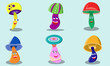 Six cute mushroom characters. Vegetable cartoon assets for learning illustrations and children's products. Vector based design