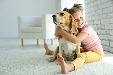 Child with a dog. Little girl plays with a dog at home. Child and animal. High quality photo.