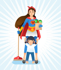 super mom, mother wearing superhero costume holding broom and groceries, little daughter standing in front of mother and raising her hand