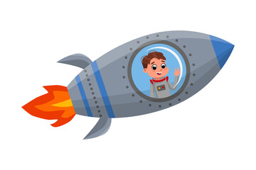 Wall Mural - Cute Happy Kid Astronaut Character Flying in Rocket, Little Boy Dreaming of Becoming an Astronaut Cartoon Style Vector Illustration