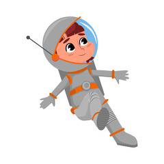 Wall Mural - Cute Happy Kid Astronaut Character Space Suit Floating in Outer Space, Little Boy Dreaming of Becoming an Astronaut Cartoon Style Vector Illustration