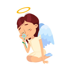 Poster - Adorable Baby Angel Sniffing Flower, Angelic Girl with Wings and Halo Cartoon Style Vector Illustration