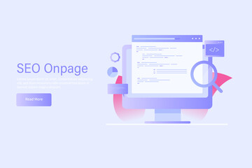 Seo optimization, Onpage seo for online website and ecommerce store, search engine ranking - metatag coding and programming with website development concept. Web banner template with text.