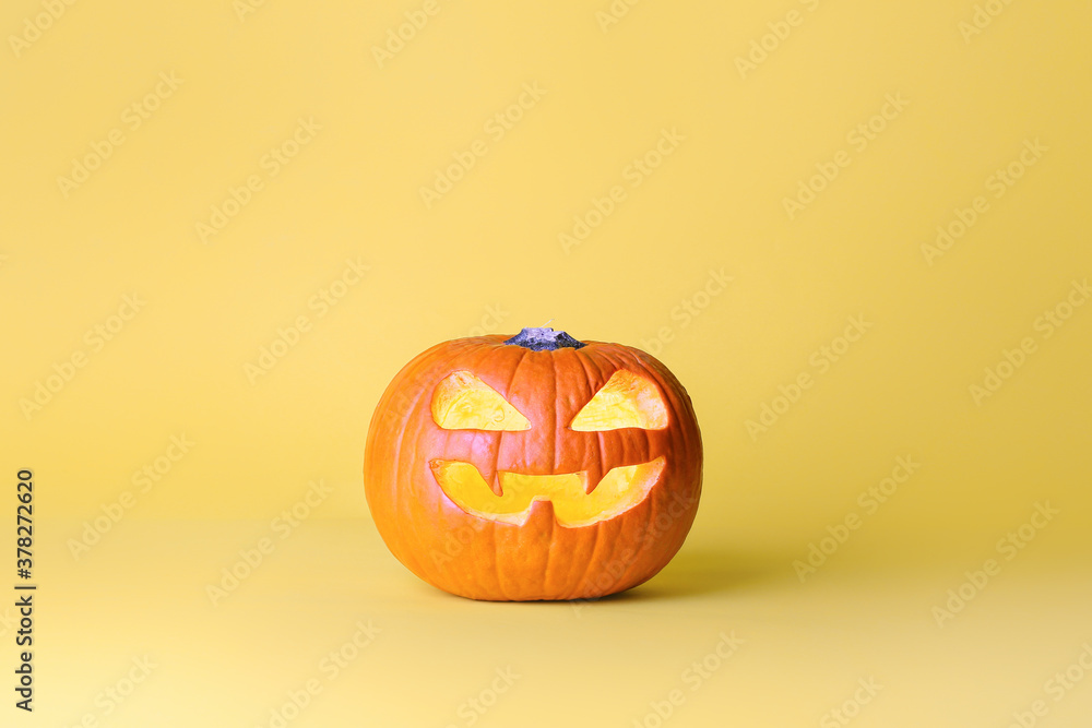 Carved Halloween pumpkin on color background