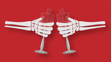 Skeleton Hands Holding Wine Glass On Red Background.